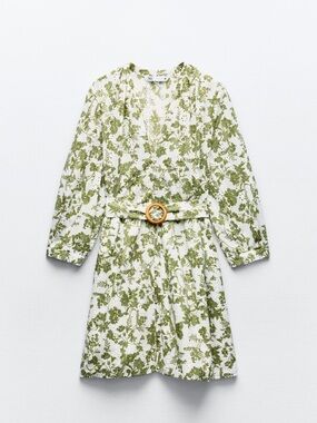 Zara White and Olive Green Floral Belted Mini Dress
